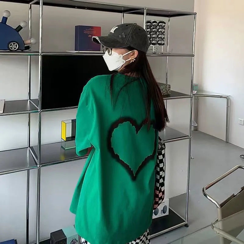 Jiashucheng Áo Thun Nữ Ngắn Tay Cổ Tròn In Hình Trái Tim Phong Cách Preppy Retro