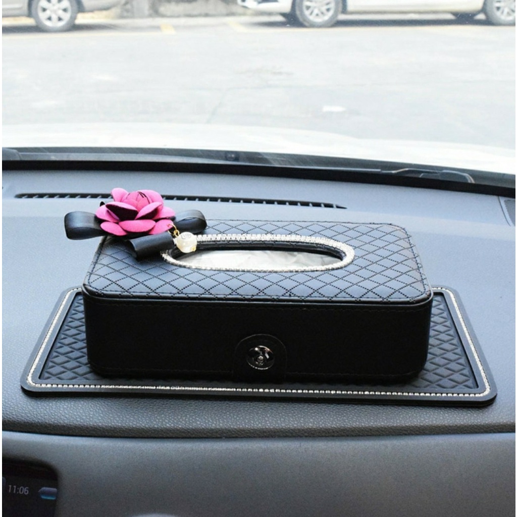 Hộp giấy đính đá hoa trà để taplo, Treo sau ghế ô tô thanh lịch quý phái