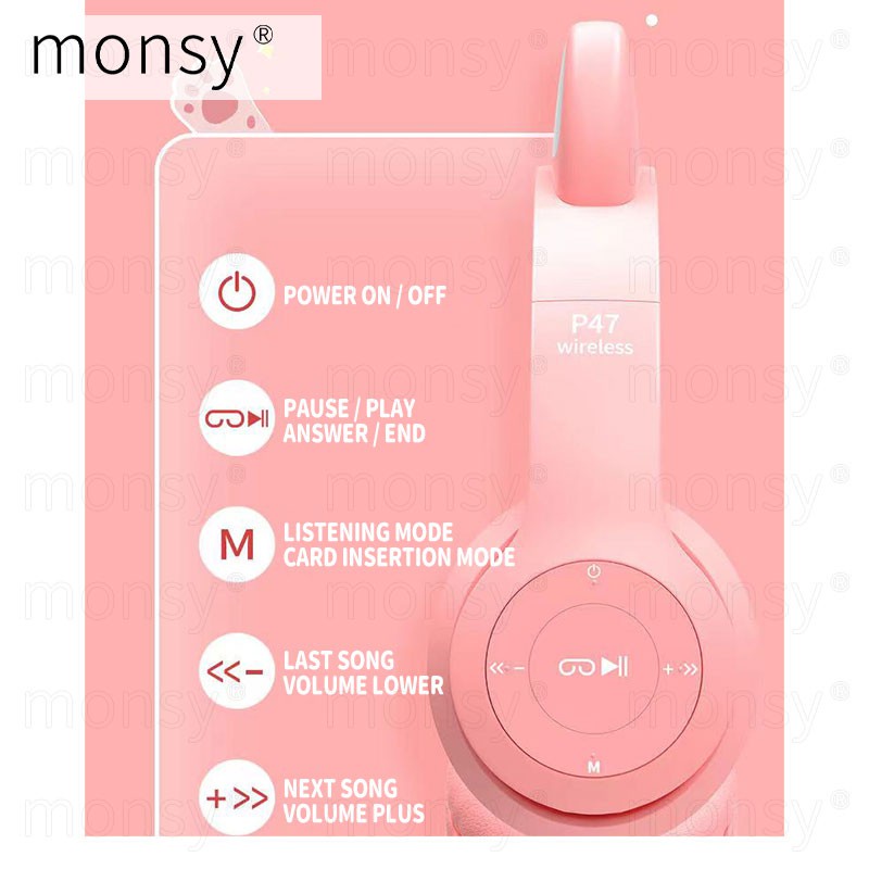 Tai Nghe Bluetooth Không Dây P47M Hình Tai Mèo Có Đèn LED