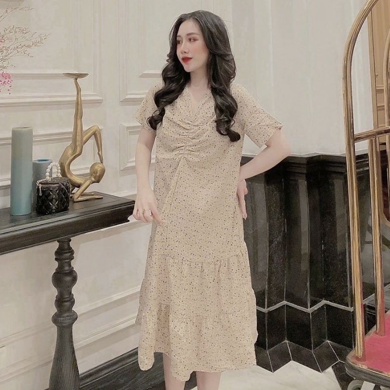 Váy bầu cổ tim rúm ngực M265 chất lụa hoa freesize từ 45 đến 70kg