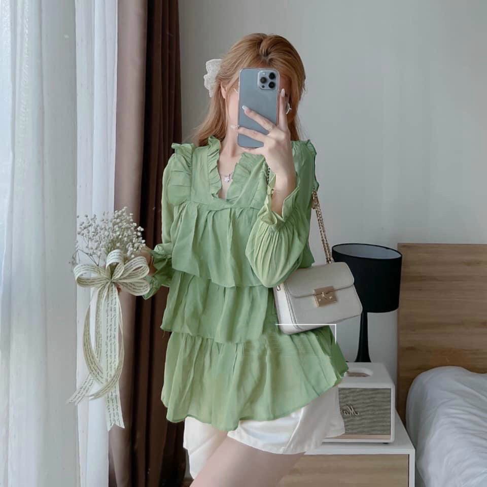 Set áo kiểu cổ V babydoll, set nữ phong cách Hàn Quốc,set tiểu thư áo tay phồng chất voan bèo