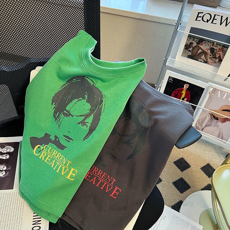 Áo Thun Tay Ngắn Hở Vai In Họa Tiết Màu Xanh Lá Thời Trang Mùa Hè Cho Nữ