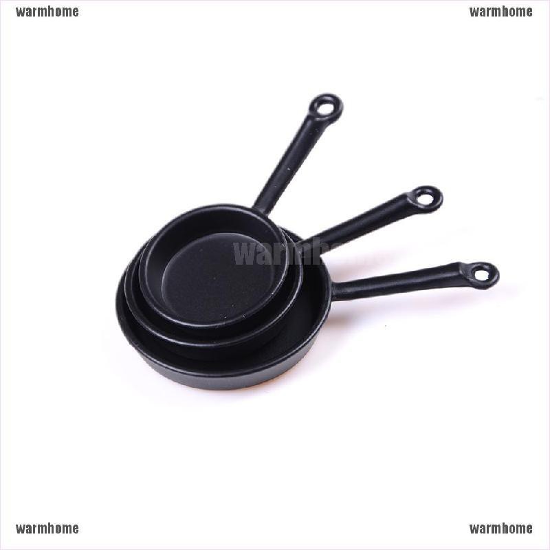 warmhome 3 Pcs Dollhouse Mini Metal Frypan Frying Pans Cooking Pot Cookware Toy thro