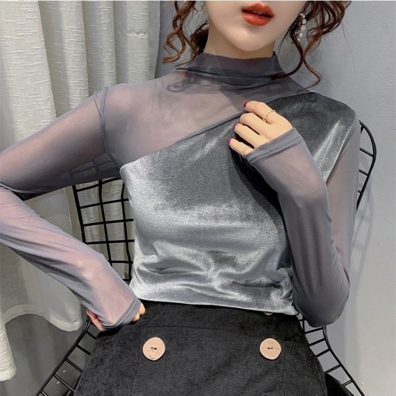 TT / Áo sơ mi cổ cao nửa đầu / Bên trong kiểu mới thu đông, khí chất và mỏng, áo sơ mi dài tay lưới khâu viền vàng nhung, áo sơ mi nữ phía trên