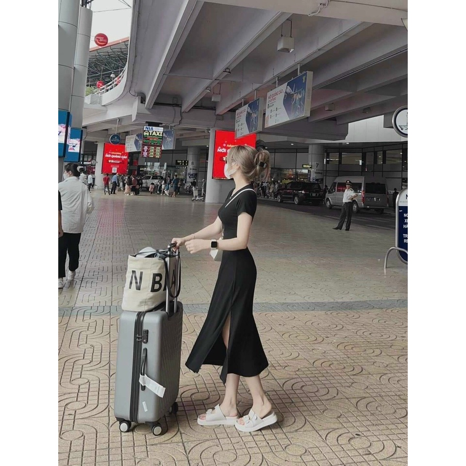 Đầm đen thời trang nữ mặc đi chơi chất lụa nhung cổ tròn tay ngắn váy đuôi cá dáng dài