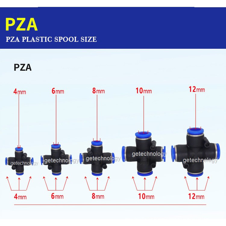 Đầu nối nhanh chữ thập PZA4 PZA6 PZA8 PZA10 PZA12 Đầu nối khí T4, đầu nối ngã 4, đầu nối chữ X PZA4 PZA6 PZA8 đầu nối