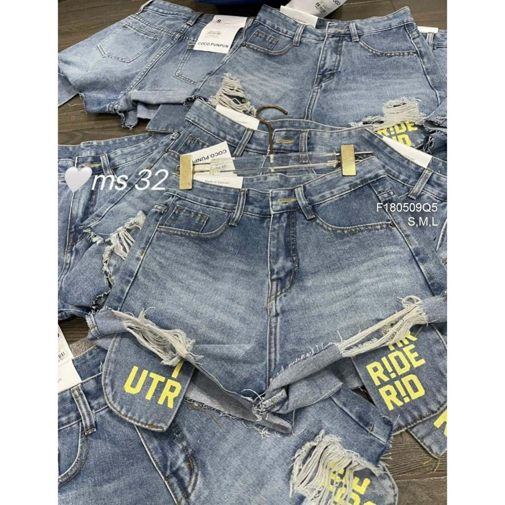Quần short jean phối kiểu lai mài rách lộ túi trong in chữ lưng cao hàng đẹp!