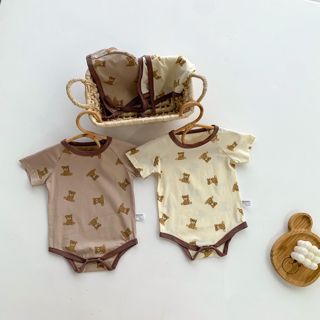 Bộ Áo Liền Quần Tay Ngắn In Hình Gấu Hoạt Hình + Mũ Thời Trang Mùa Hè Cho Bé Sơ Sinh