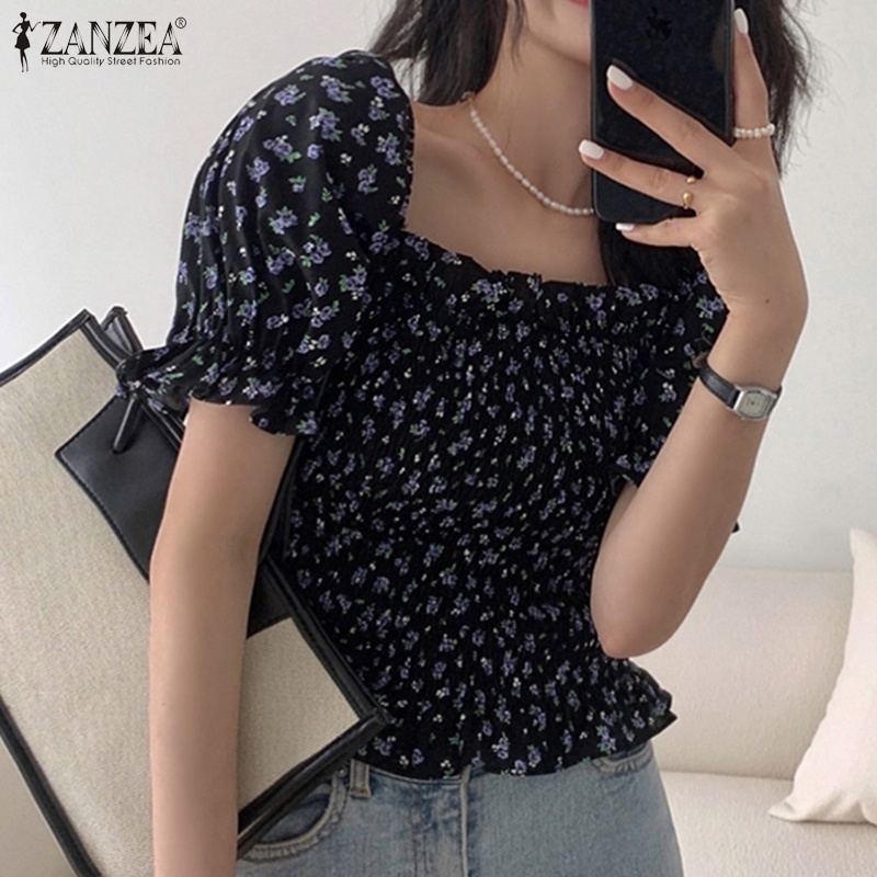 Zanzea Áo Kiểu Tay Phồng Cổ Vuông In Họa Tiết Phong Cách Hàn Quốc Thời Trang Cho Nữ