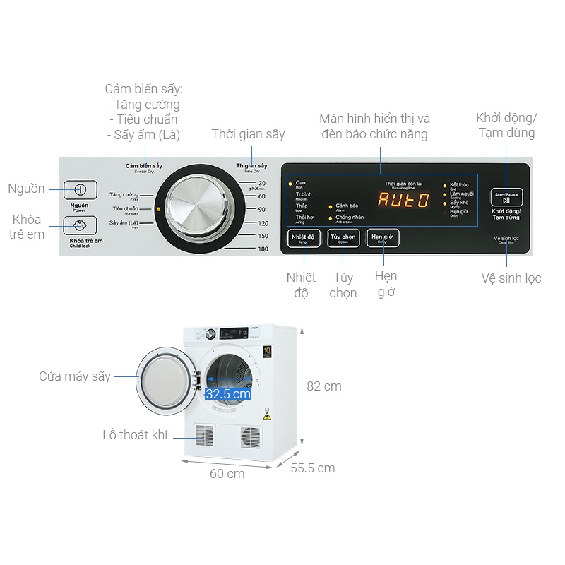 Máy sấy thông hơi Aqua 7 Kg AQH-V700FW -Bảo hành chính hãng 24 tháng toàn quốc