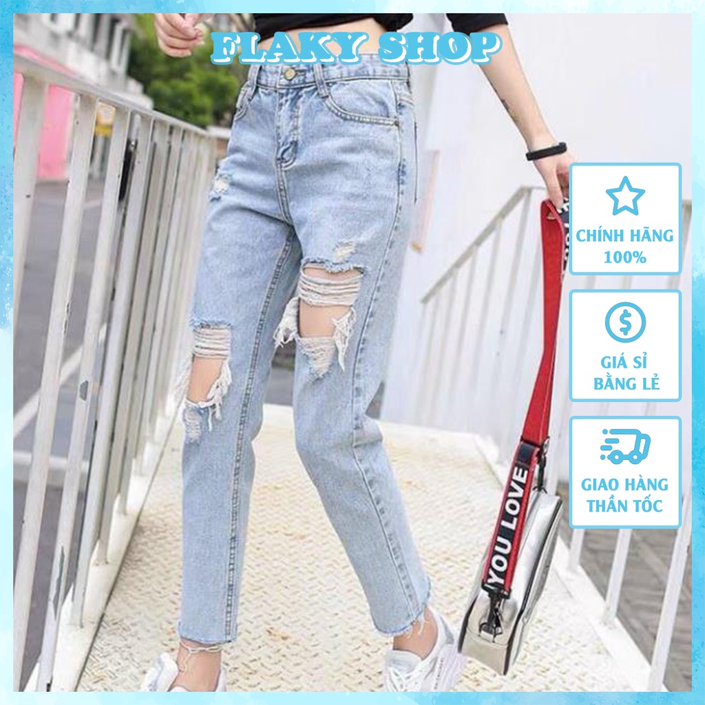 Quần jean nữ FLAKY SHOP cao cấp - Quần baggy nữ ống rộng rách bản to kiểu cách thu hút