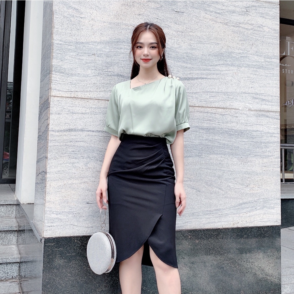 Áo sơ mi nữ lụa mềm mát cổ chéo đính khuy công sở ngắn tay HILA (A870)