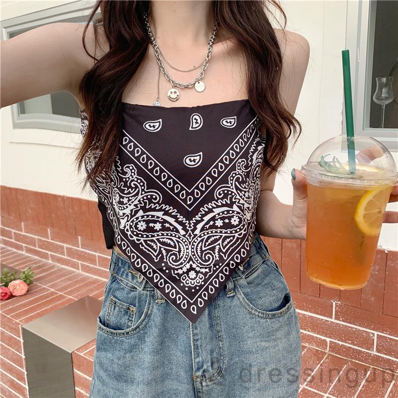 Áo lửng 2 dây mảnh dệt kim không tay viền khăn kiểu Bohemia cho nữ