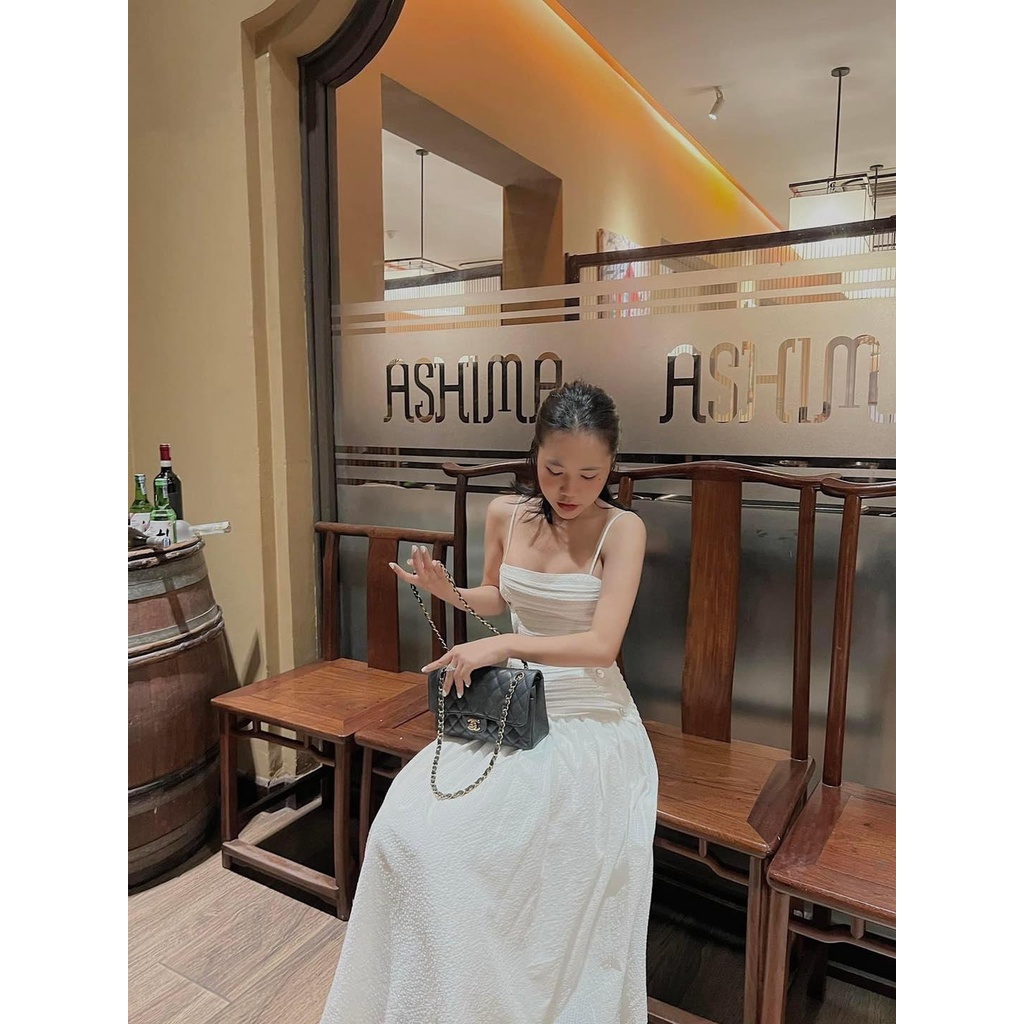 Đầm maxi 2 dây xếp li đính nút