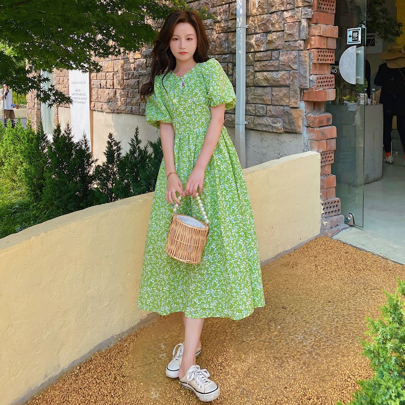 Bell Sleeve Dress Women's Green Princess Dress Puff Sleeve Bellflower Slim Waist Dress