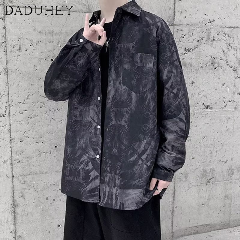 DaDuHey Men's Autumn Hong Kong Style Trendy Printed Long-Sleeved Shirt Trendy Fashion Loose Casual Top