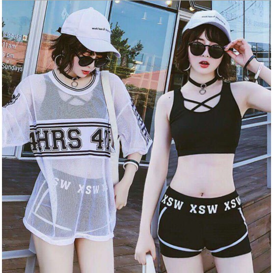 Bộ đồ bơi nữ 3 mảnh phong cách thể thao kèm áo lưới