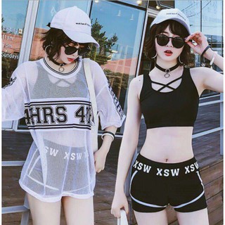 Bộ đồ bơi nữ 3 mảnh phong cách thể thao kèm áo lưới