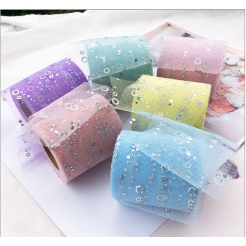 Ruy băng lưới nhũ bản 6cm làm phụ kiện handmade