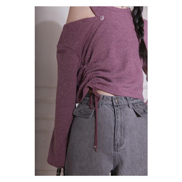 Áo Dệt Kim Trễ Vai Cổ Tròn Thời Trang Hàn Quốc Cho Nữ