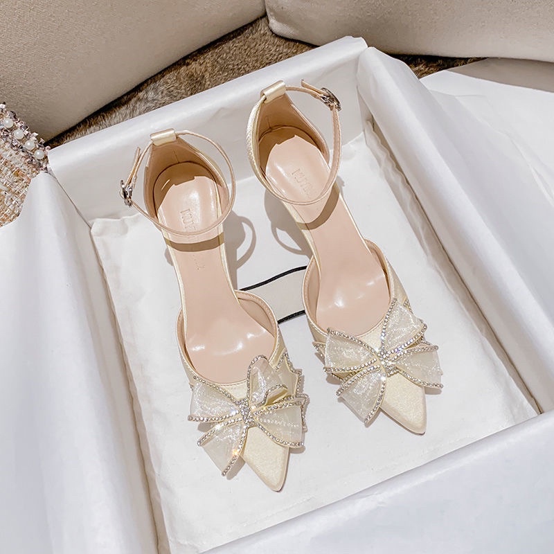 Giày Cao Gót Sandal Nữ Quai hậu nơ đính đá xinh Xuất sắc