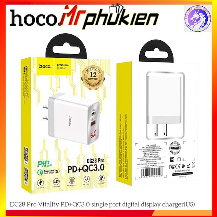 Cốc sạc Nhanh 18W Hoco DC28 Pro PD + QC 3.0 1USB+1 đầu Type C - SmartShop