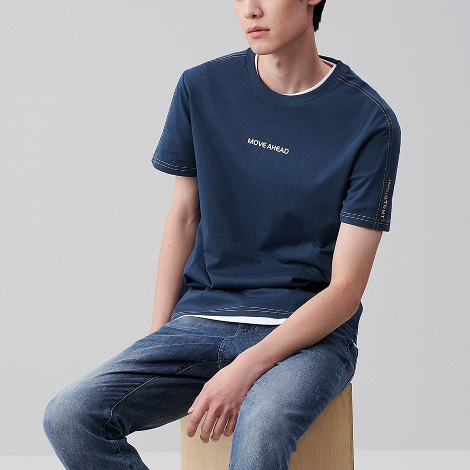 HLA - Áo thun nam ngắn tay cotton cao cấp chống ẩm Supreme cotton fabric deep blue T-shirt