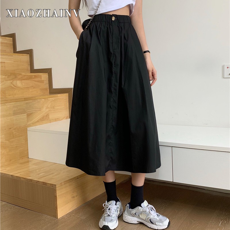 Xiaozhainv Chân Váy Chữ A Lưng Cao Phối Túi Phong Cách Hàn Quốc