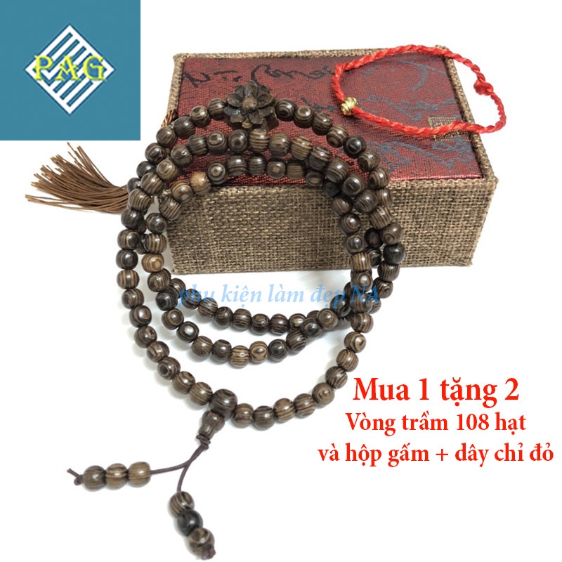 Vòng Tay Trầm Hương, Chuỗi Vòng 108 Hạt Trầm Mix Bông Sen Tặng Kèm Hộp Đựng