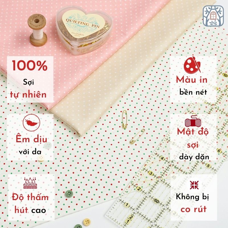 Vải cotton 100% tự nhiên🍒Modafabrics🍒khổ vải 110cm - chấm bi bé - vải đẹp handmade, quilt,quần áo