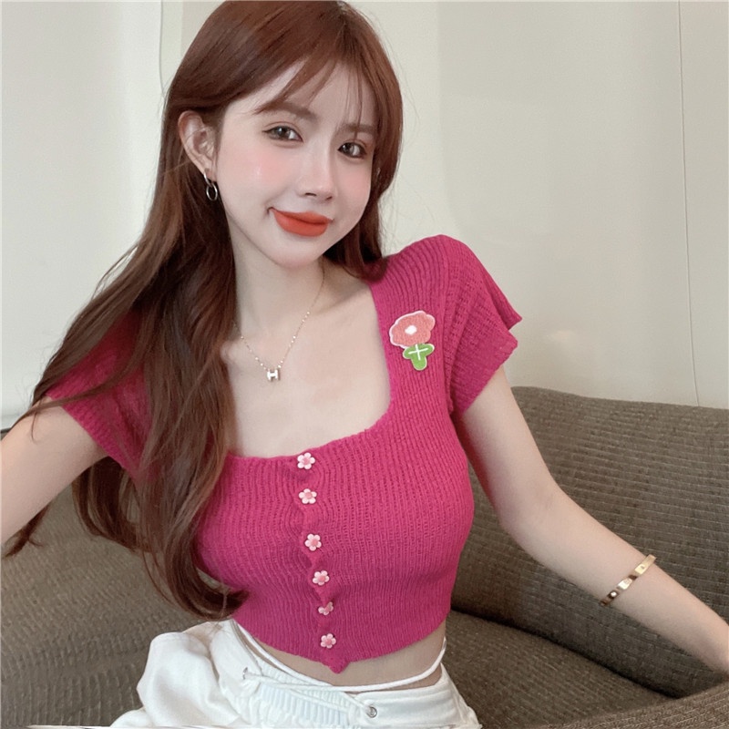 Áo Croptop Dệt Kim Tay Ngắn Cổ Vuông Thời Trang Cho Nữ