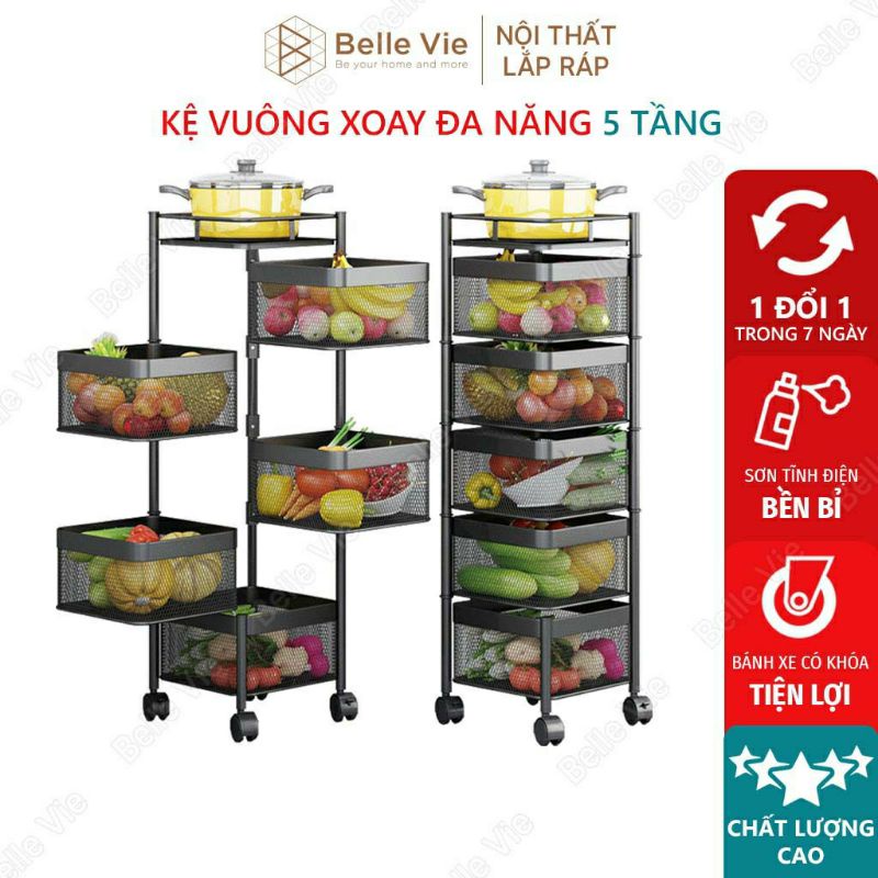 Kệ Xoay Đa Năng BELLEVIE Kệ Nhà Bếp Rổ Vuông, Tròn Để Đồ Có Bánh Xe Di Chuyển Tiện Lợi, Giá Đựng Rau Củ 3-4-5 Tầng