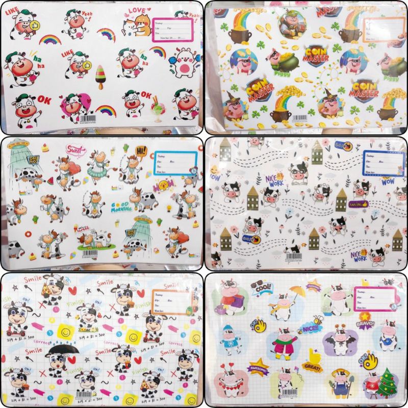 Xấp 10 tờ bao tập tiện lợi 2 trong 1 (sẵn giấy kiếng) bò sữa/trà sữa/molang/among/doraemon/kẻ sọc/xương rồng/khủng long