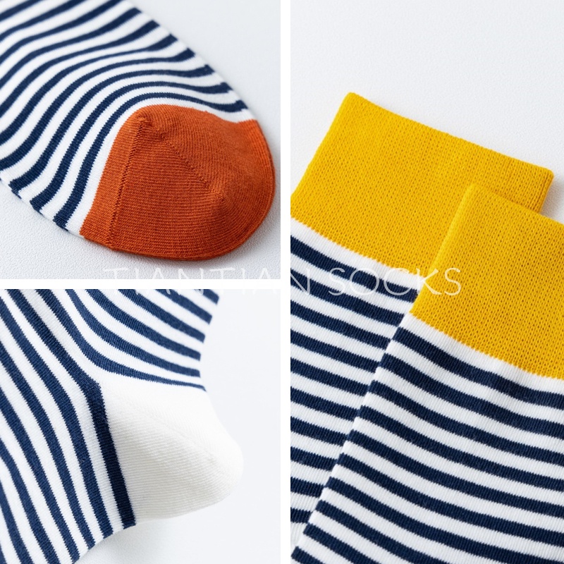 TIANTIAN T226 Vớ Cotton Dày Cổ Cao Họa Tiết Kẻ Sọc Phong Cách Thể Thao Đường Phố Hàn Quốc Thời Trang Cho Nữ