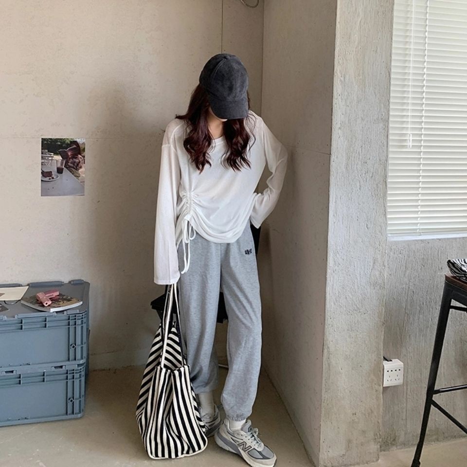 Áo dệt kim dài tay thiết kế dáng rộng phối dây rút thời trang mùa hè cho nữ