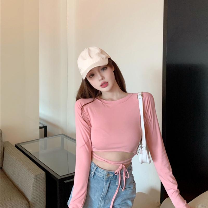 Áo thun crop top tay dài cổ tròn màu trơn đơn giản phong cách Hàn Quốc thời trang cho nữ