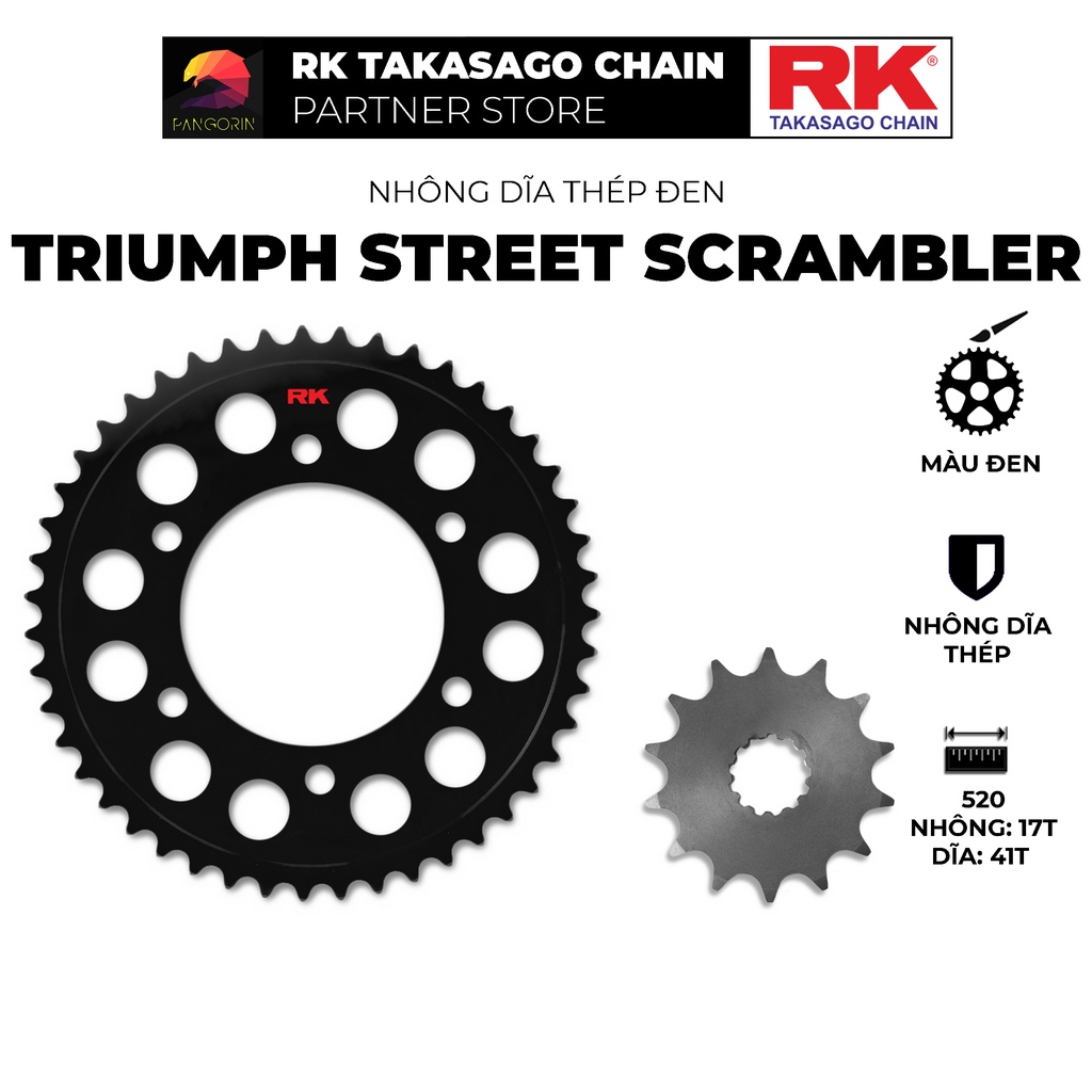 Nhông Dĩa RK Takasago phân khối lớn Triumph Street Scrambler, chất liệu: Thép mạ màu đen, độ dày Nhông Dĩa: 520