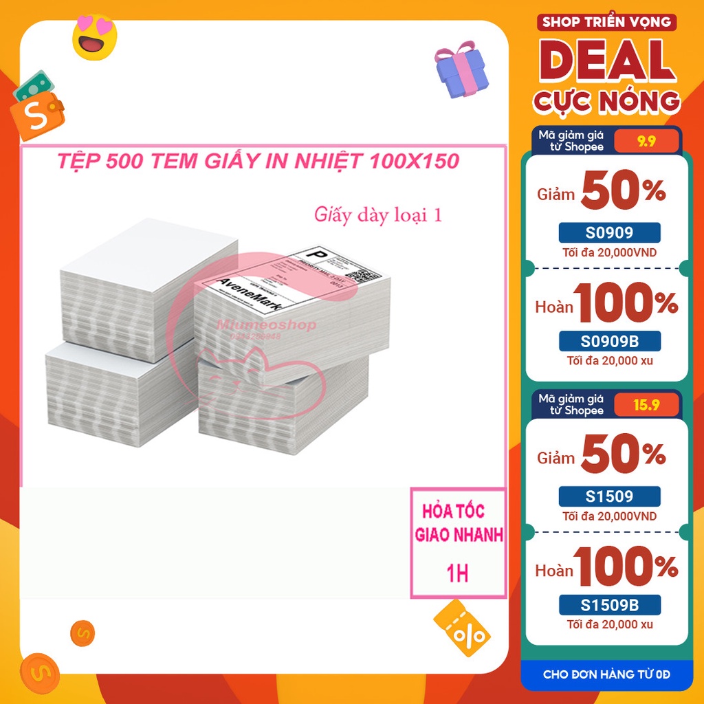 Tệp 500 tờ Giấy in nhiệt khổ A6 tự dính kích thước 100x150cm