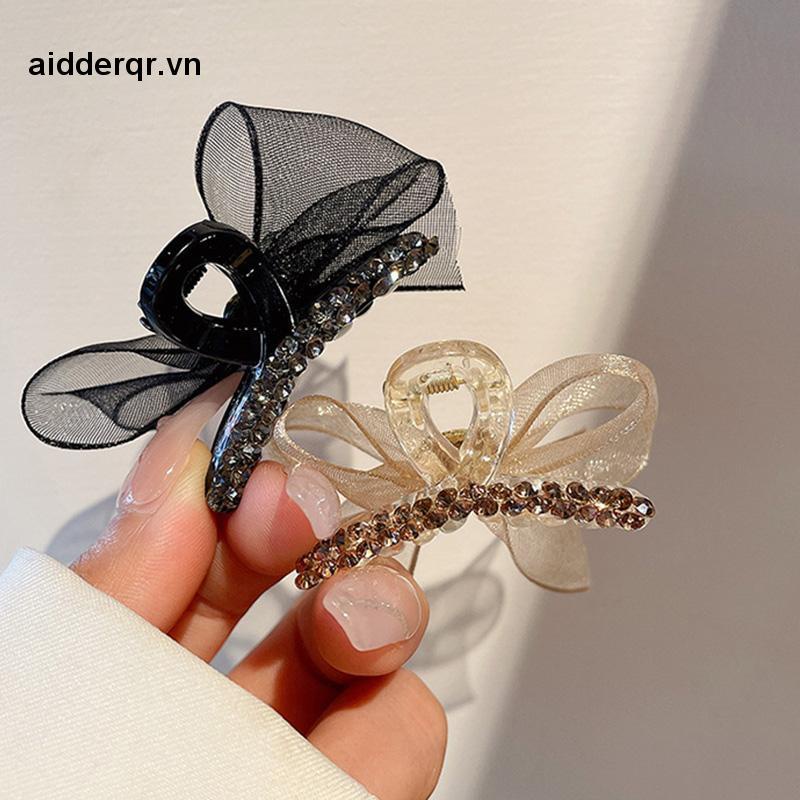 🌸🌸Kẹp Tóc Nơ Đính Đá Kim Cương Giả Hai Mặt Vải Lưới Kích Thước Nhỏ Cài Tóc Đuôi Ngựa Mùa Hè