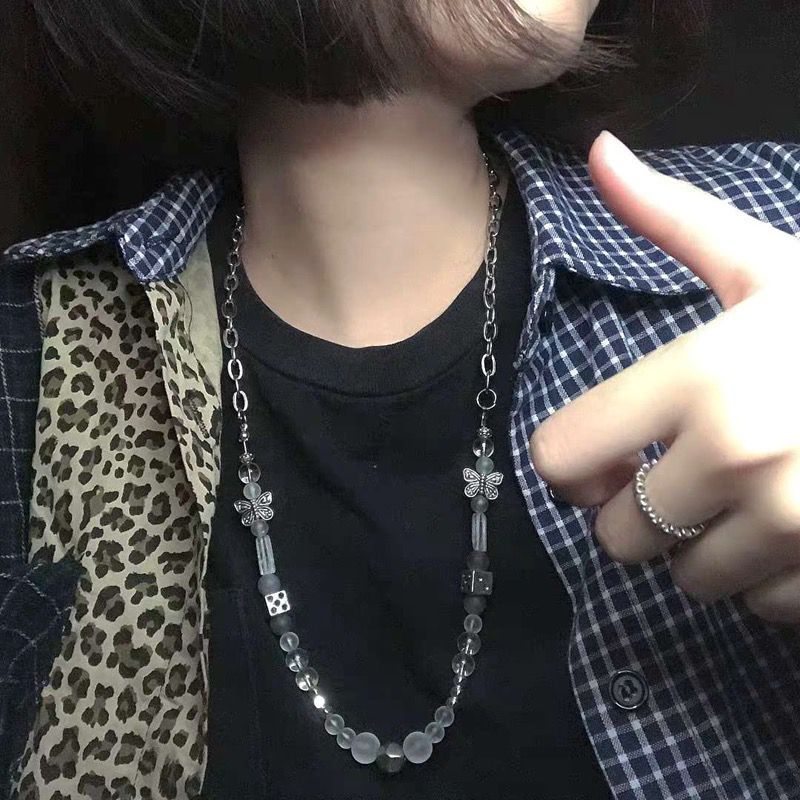 Dây chuyền chuỗi hạt xúc xắc hạt ngọc và bướm trong suốt thời trang hip-hop cá tính