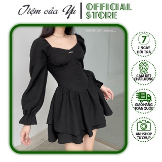 Đầm Nữ, Đầm Xòe Đen Tay Dài Mặc 2 Kiểu Sang Chảnh Thích Hợp Đi Tiệc Đi Chơi
