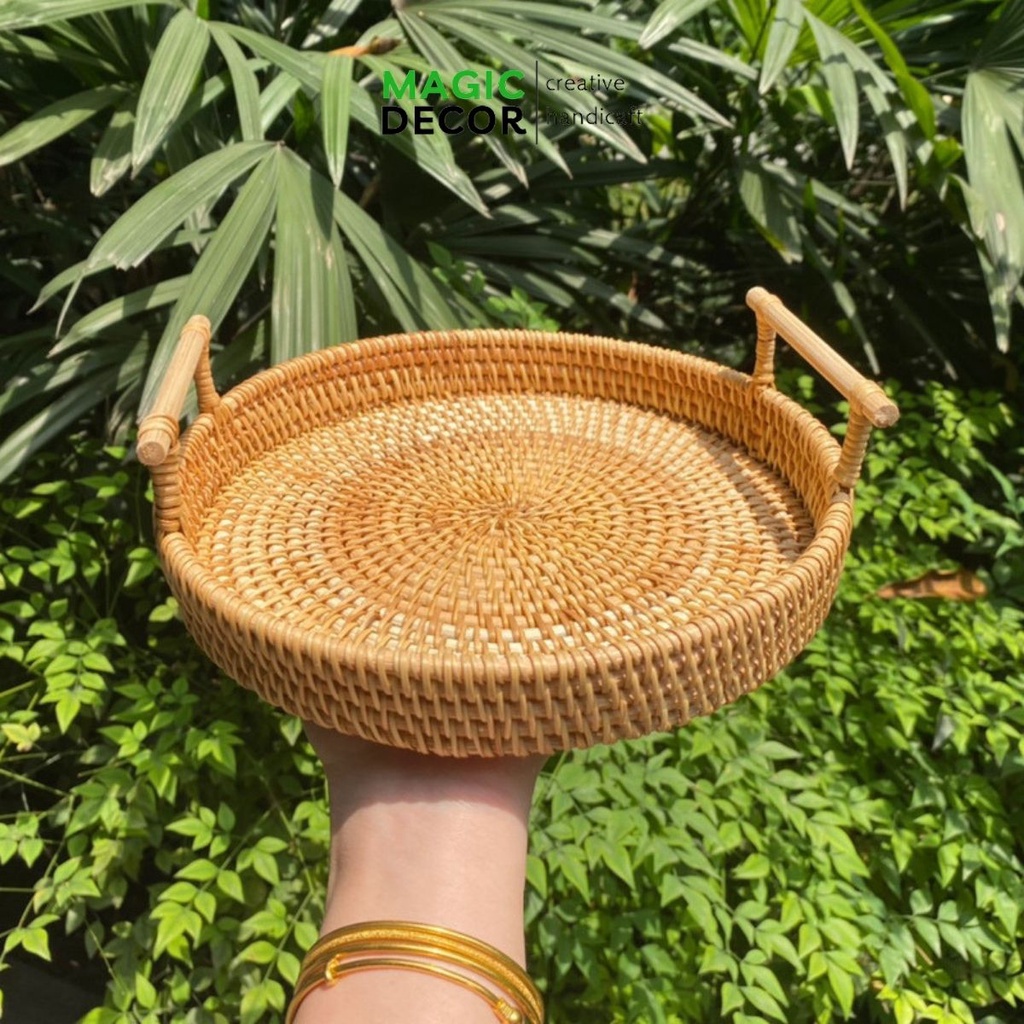 Khay mây decor tay cầm gỗ đựng đồ ăn, bánh mỳ decor trang trí, đi dã ngoại MAGICDECOR