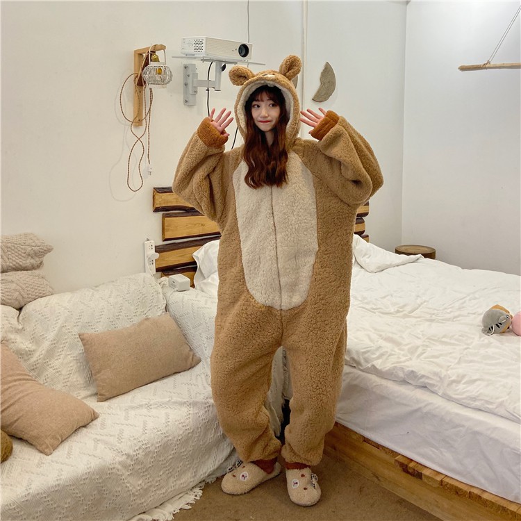 Bộ đồ ngủ Nhật Bản dễ thương gấu có mũ trùm đầu mùa đông dày cộng với nhung lỏng lẻo sang trọng