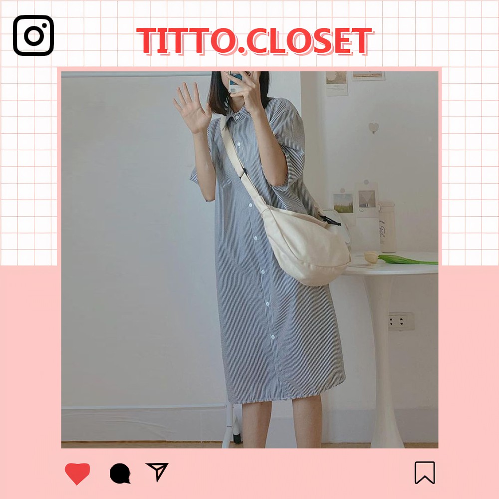 Váy Sơ Mi Họa Tiết Kẻ Sọc Xẻ Tà - Váy Form Suông - Titto Closet