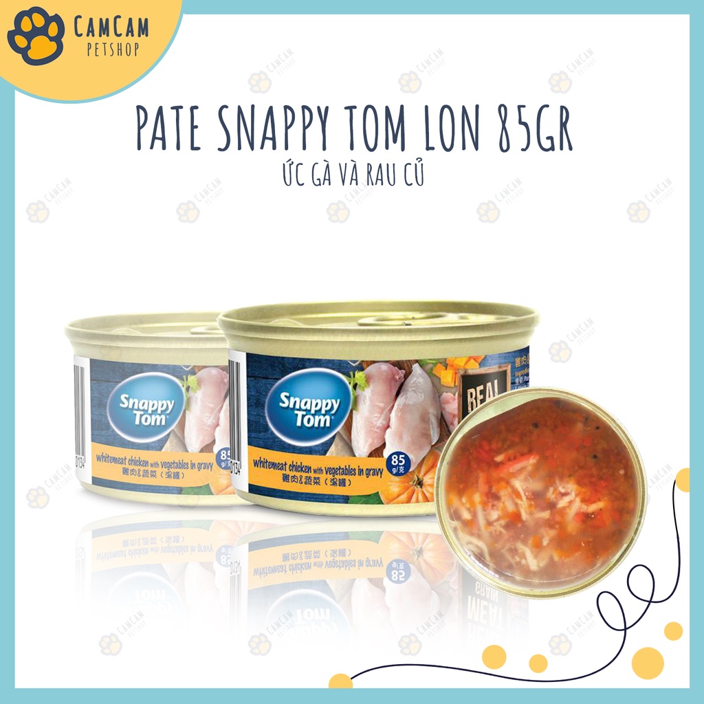 Pate cho mèo Snappy Tom Premium lon 85gr - Pate Snappy Tom cho mèo, Thức ăn cho mèo với miếng thịt và nước sốt thơm ngon