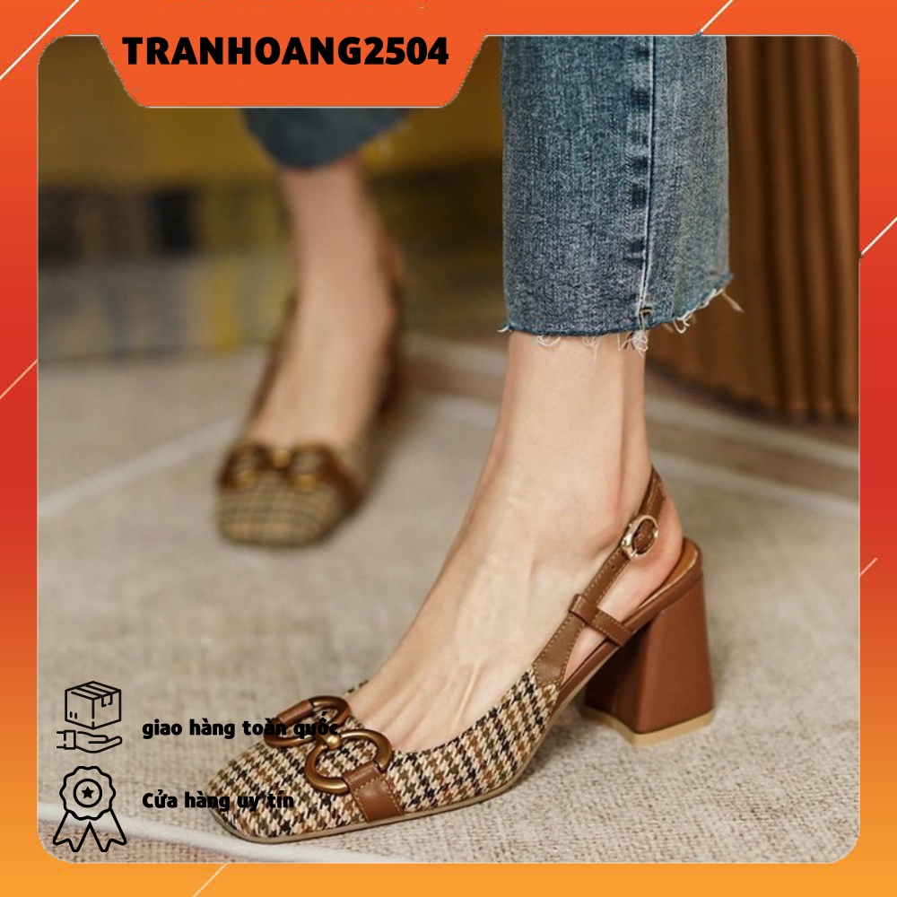 [HÀNG CÓ SẴN ] Giày cao gót vuông 7cm kẻ rentro phối da nâu cổ điển