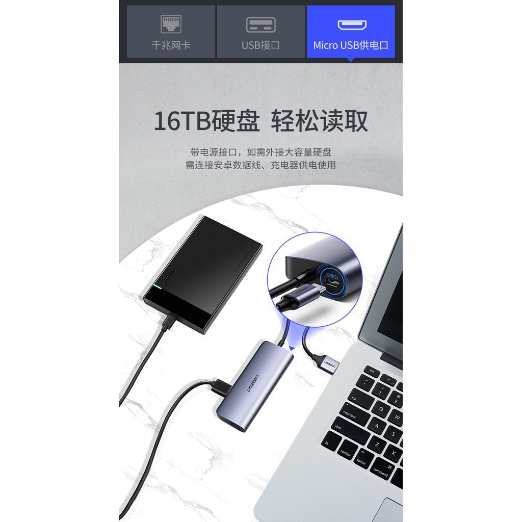 Bộ chia USB 3 cổng+Lan Cao Cấp Ugreen 60812 60719 CM266 (USB 3.0/Lan Gigabit 1000Mbps)