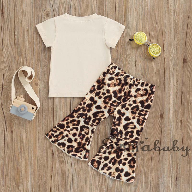 Áo Thun Tay Ngắn Và Quần Dài Ống Loe Họa Tiết Da Báo Cho Bé Gái