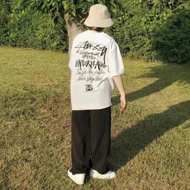 Áo Thun Stussy Bape Tay Lở Oversize Màu Trắng Đen Hoạ Tiết Chữ Sau Lưng Vintage