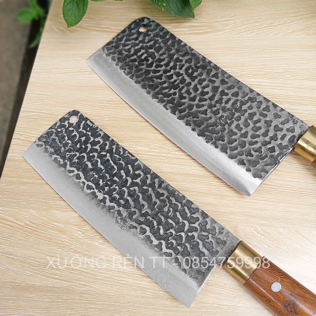 Bộ 2 Dao Chặt, Thái Rèn Từ Thép Nhíp Dập Vân 2 Mặt Cao Cấp - Cán Cẩm Chỉ Khâu Đồng